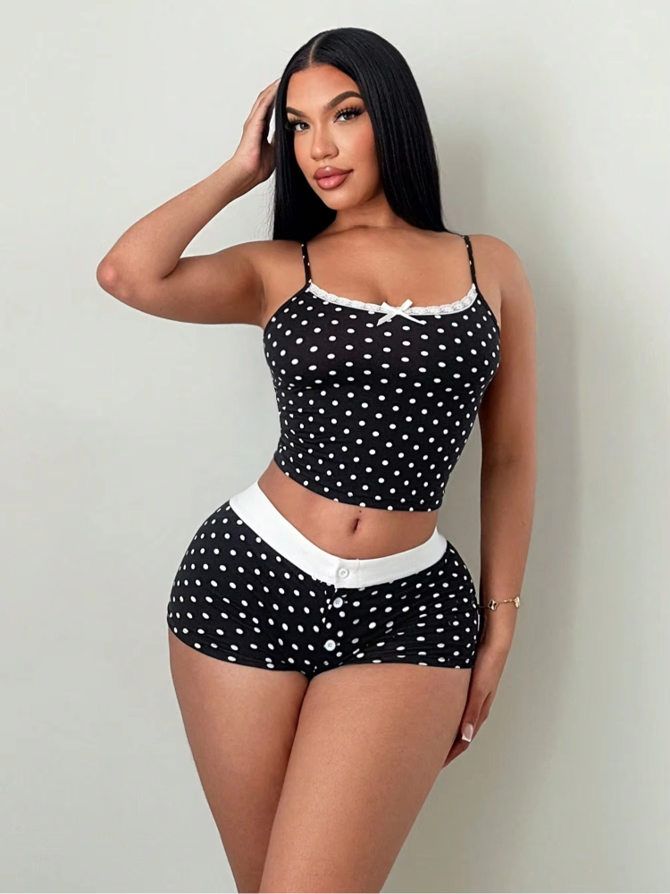 Women'S Fashion Vest Tops - Amerikaanse mode, polkadotprint, kanten camisole, meisjesvest,
