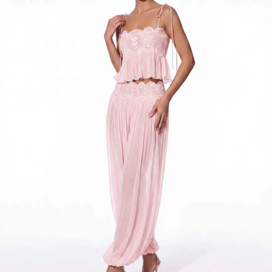 Lace Trim Cami - Dames lange broekset met vierkante hals,