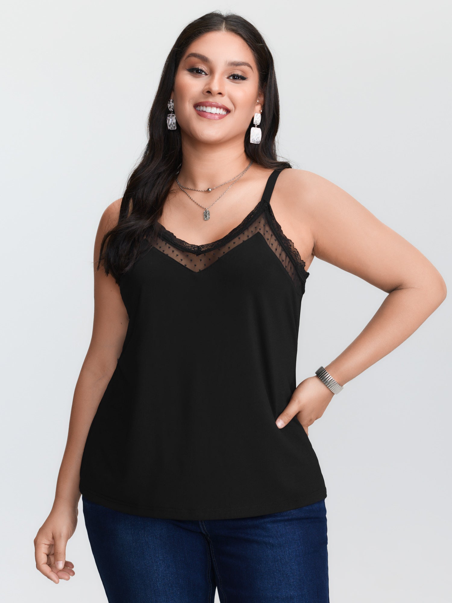 Lace Trim Cami - Zwarte, gebreide top in plusmaten, met